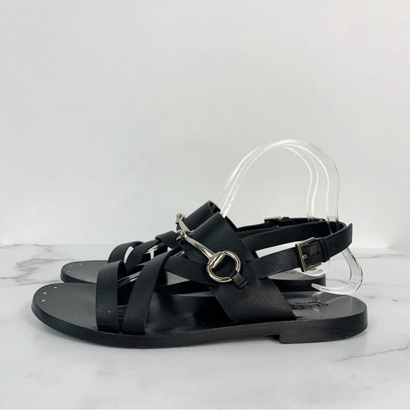 GUCCI Juliette Black Leather Horsebit Open Toe Flat Strappy Summer Sandals 38.5 - Picture 11 of 13